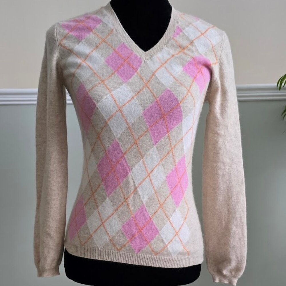 Geneva Pink Ivory & Tan Argyle V-Neck Lightweight Sweater 100% Cashmere Small